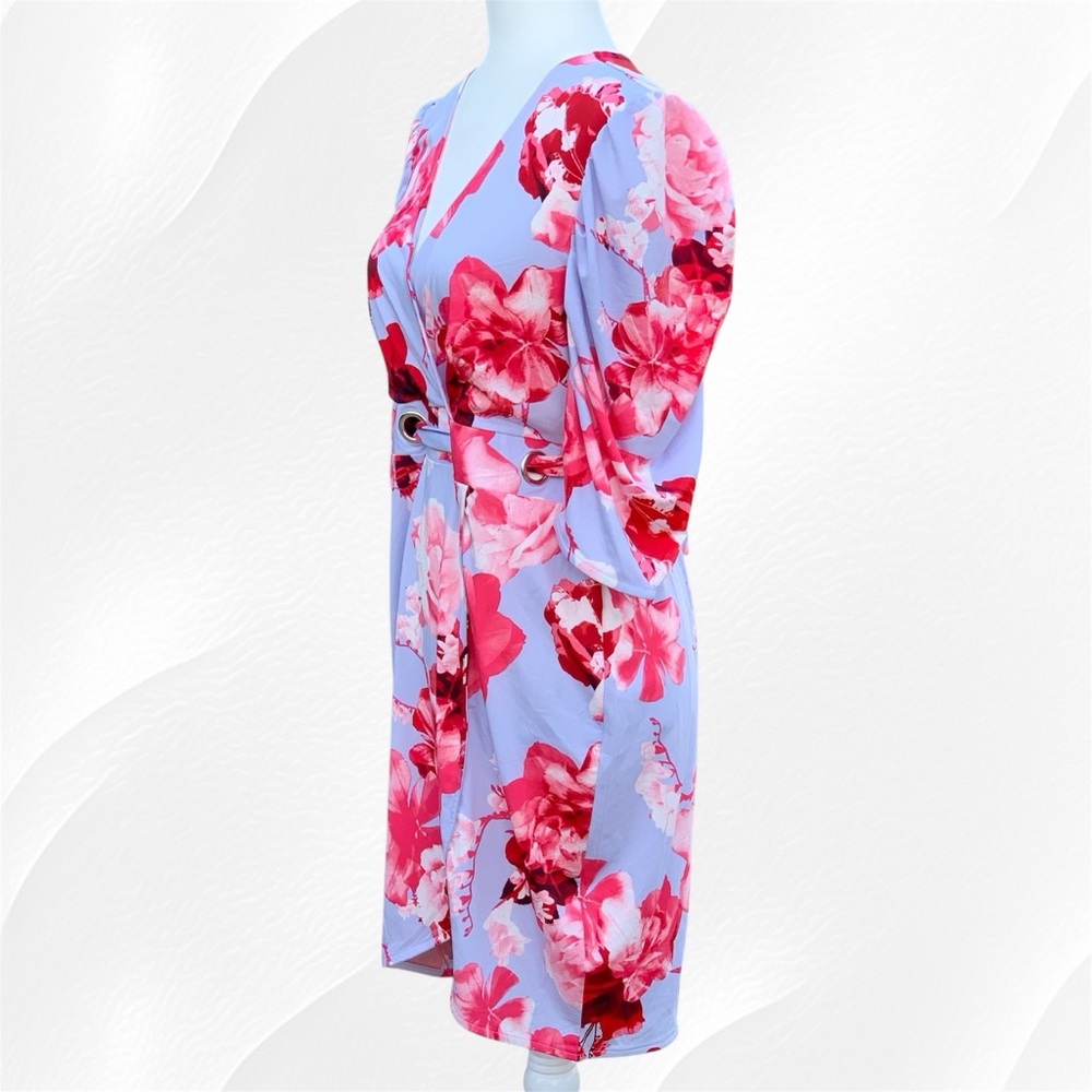 Venus Light Blue Pink and Red Floral Faux Wrap 3/4 Sleeve V-Neck Dress, Large - Picture 4 of 10